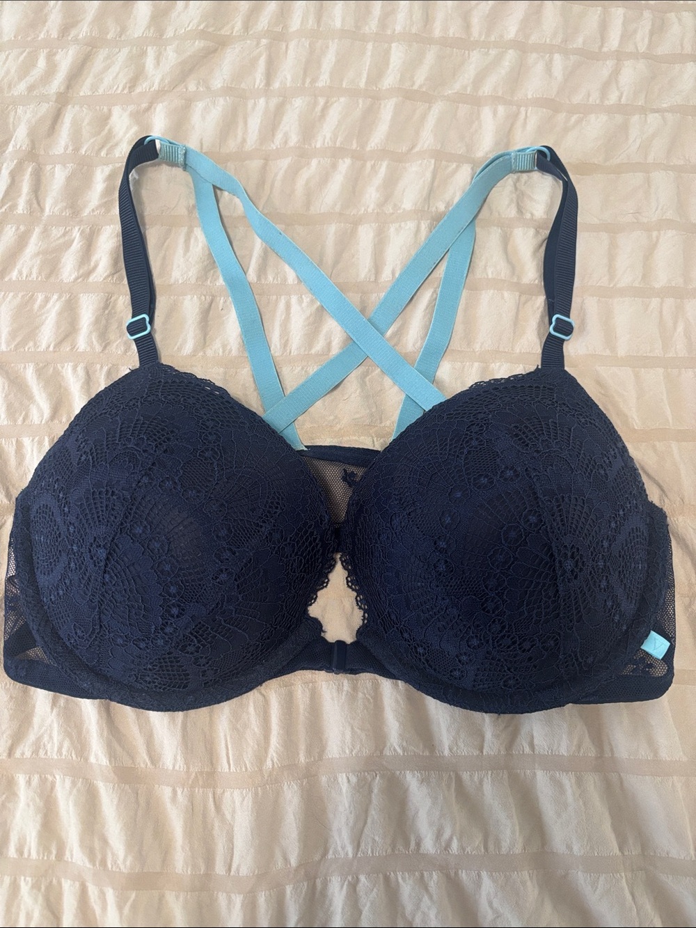 Victoria’s Secret Navy Lace Push-Up Bra with Light Blue Straps size 36C